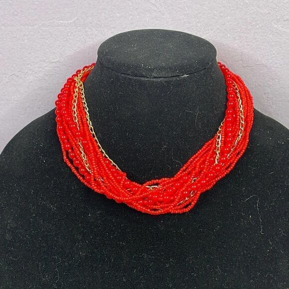 Red Gold Strands of Beads Gold Chair Claw Clasp Chocker - Picture 1 of 4